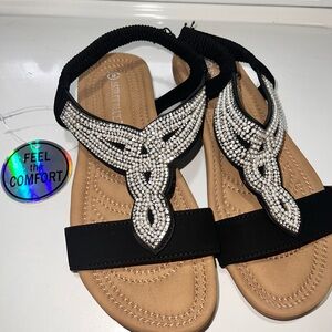 Ashley Blue Black Sandals with White Beads